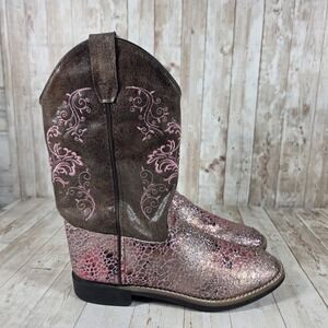 BVB Women Brown Metallic Pink Snakeskin Embroidered Western Boots Size 8.5